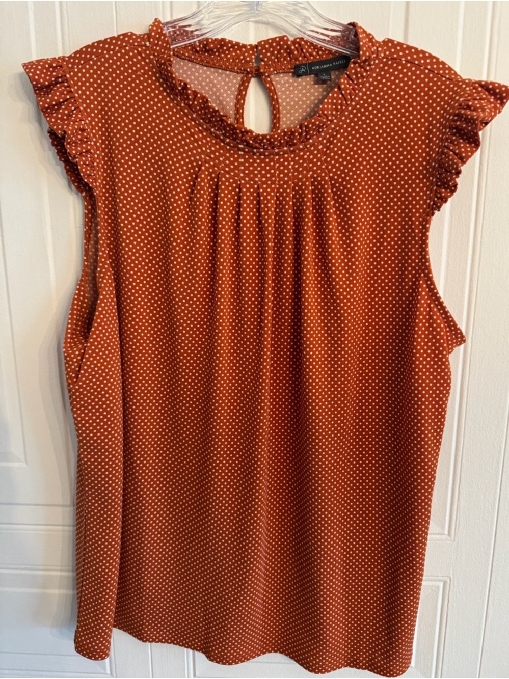 Adrianna Papell Rust Polka Dot Ruffle Sleeve Women's Top Size Large